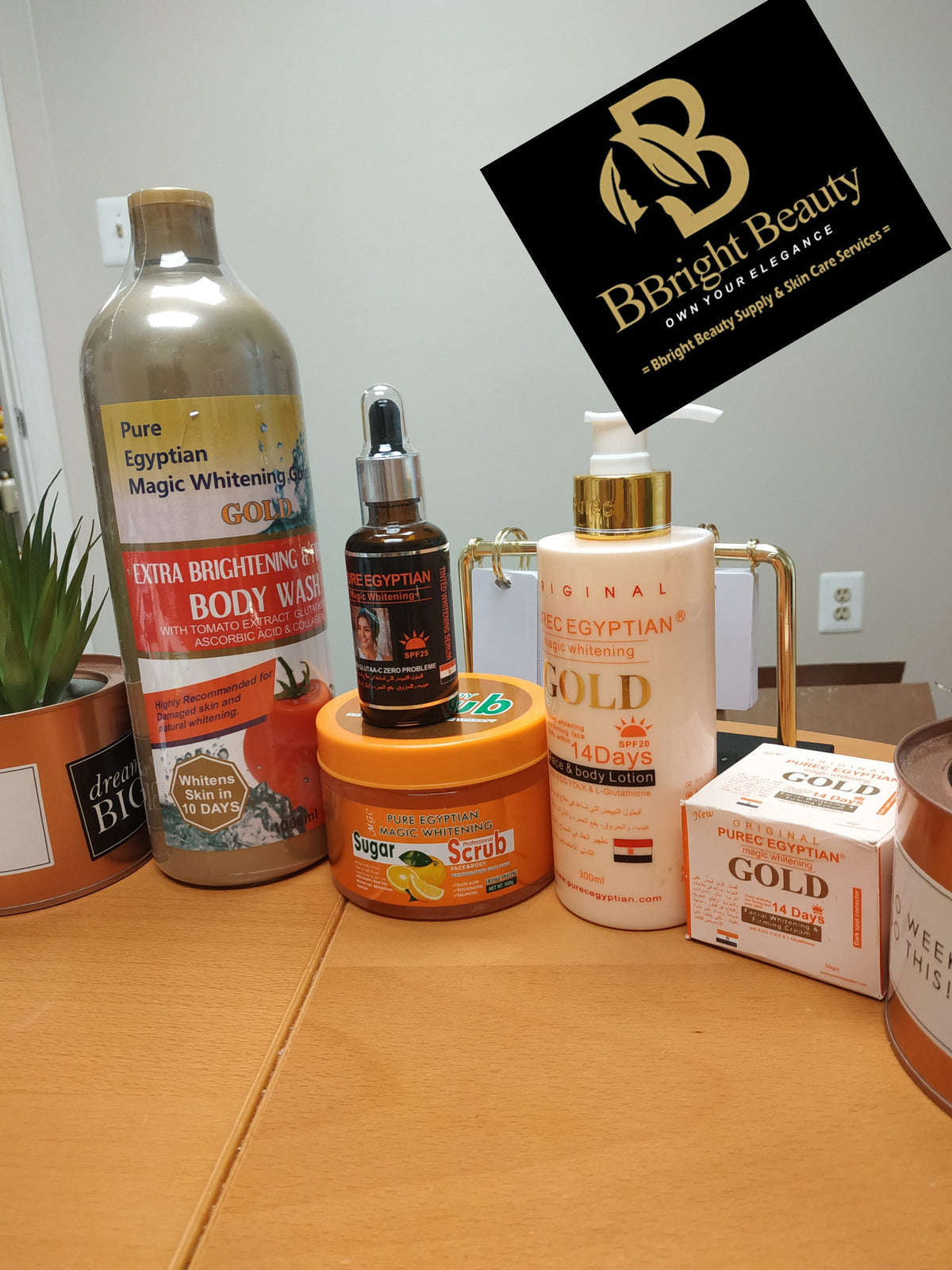 Pure Egyptian magic lightening gold lotion full set(Lotion,shower bath face cream,serum,body scrub)