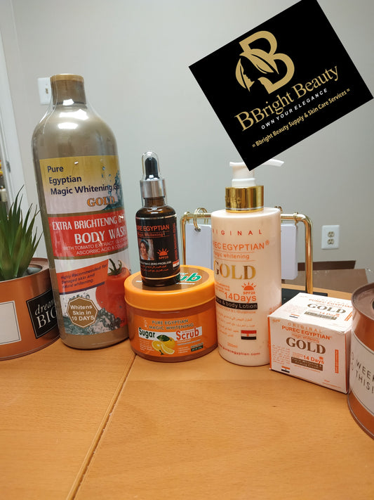 Pure Egyptian magic lightening gold lotion full set(Lotion,shower bath face cream,serum,body scrub)