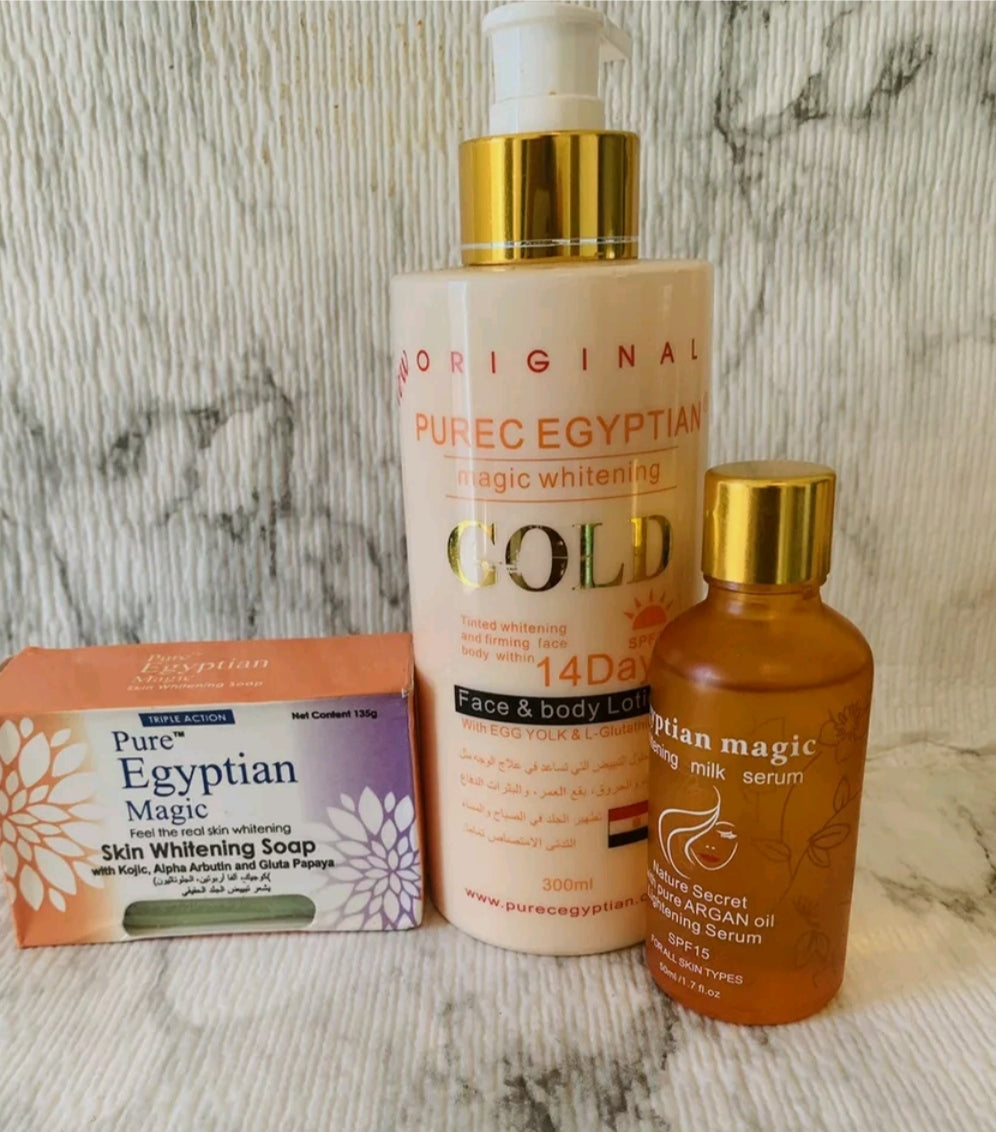 Pure Egyptian magic lightening gold set(lotion,serum,soap)