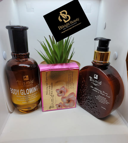 Bismid Skin Brightening Cream Arbutin And Kojic Acid ,Bismud Glowing oil and Bismid Facial Soap